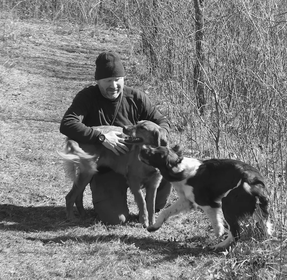 Brandon walking on a trail and petting a golden retriever while a spaniel is playing nearby.