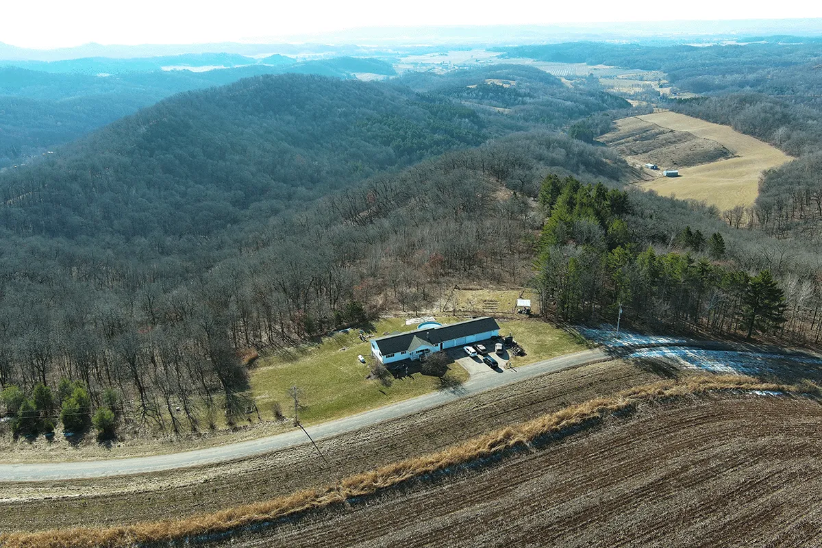 Aerial image of training property. 160 acres of forested western Wisconsin hills.